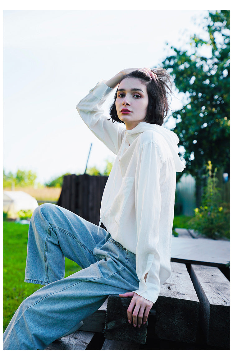 Tencel Linen Hooded Shirt for Women, Unique Design, White Loose-Fit Stylish Shirt for Women, New Autumn Long Sleeve