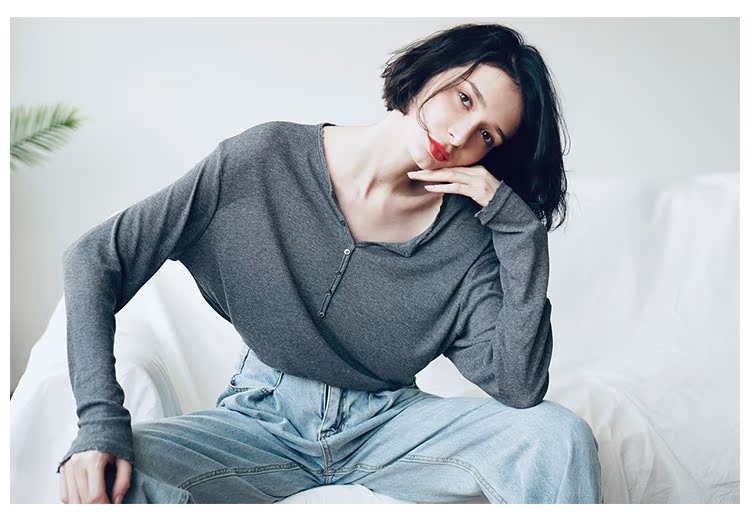 Temperament Knitted Women's Long Sleeve Summer Top Thin Black Grey Women's Loose Casual Sunscreen T-shirt