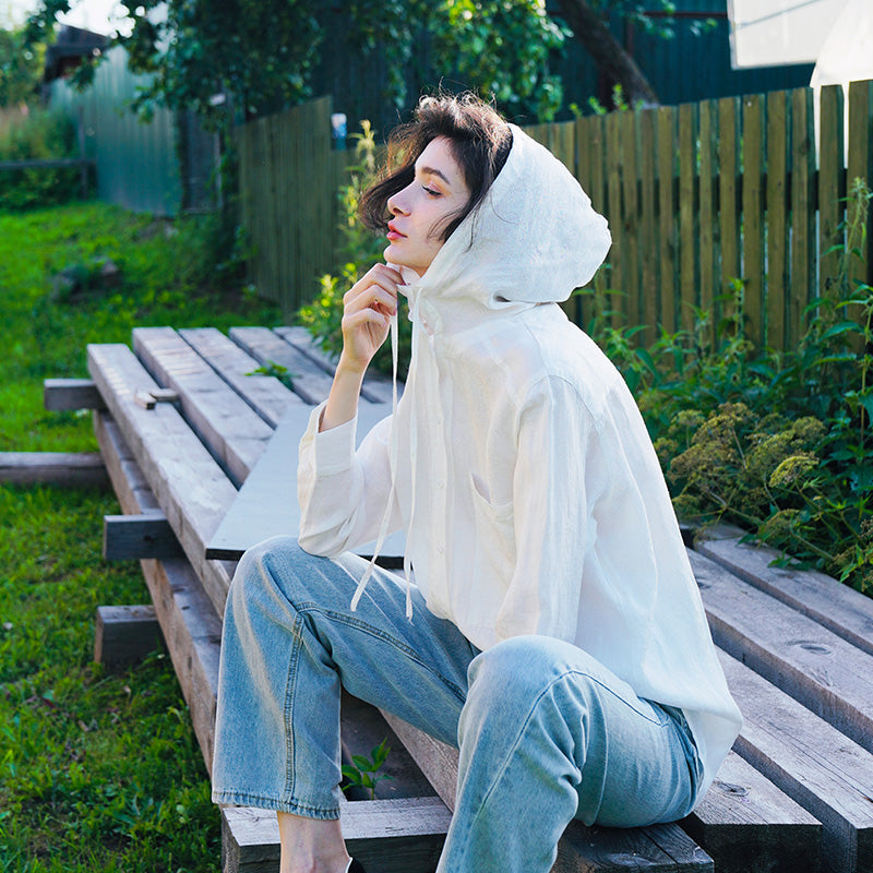 Tencel Linen Hooded Shirt for Women, Unique Design, White Loose-Fit Stylish Shirt for Women, New Autumn Long Sleeve
