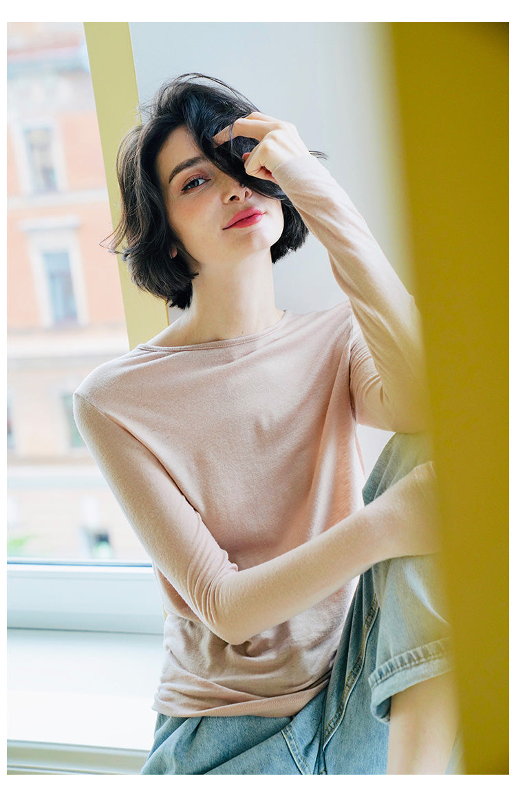 Woolen slim fit t-shirt for women in early, long sleeved knitted base sweater for women, thin cut