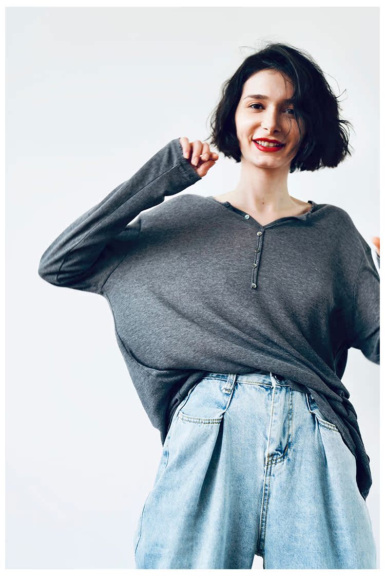 Temperament Knitted Women's Long Sleeve Summer Top Thin Black Grey Women's Loose Casual Sunscreen T-shirt