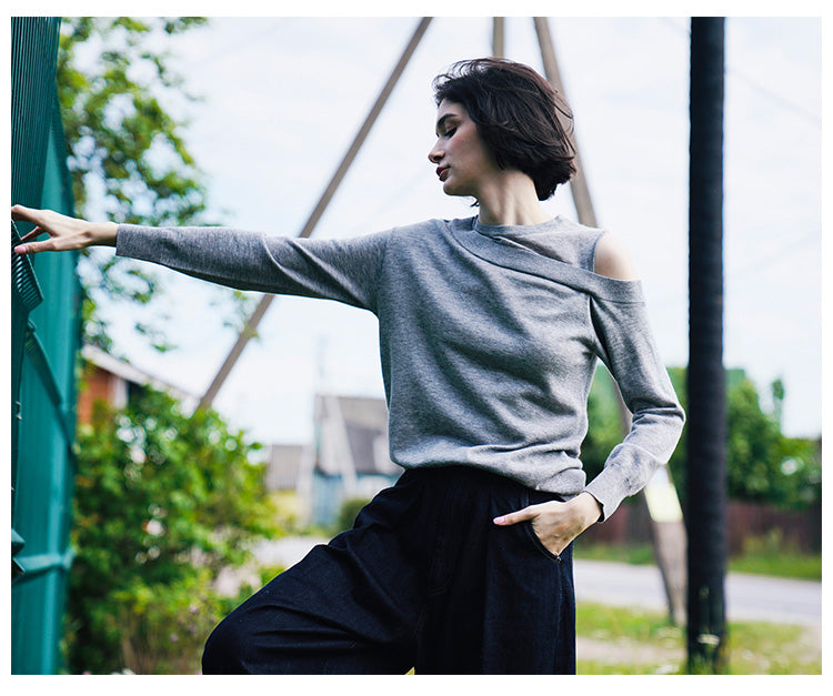 Fake Two-Piece Loose Pullover Knit Sweater Autumn New Women's Round Neck Off-Shoulder Top Early Autumn Knit Pullover Thin