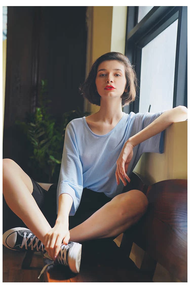 Women's Summer Loose Blue Mid-Length Top  Women's Short Sleeve T-Shirt