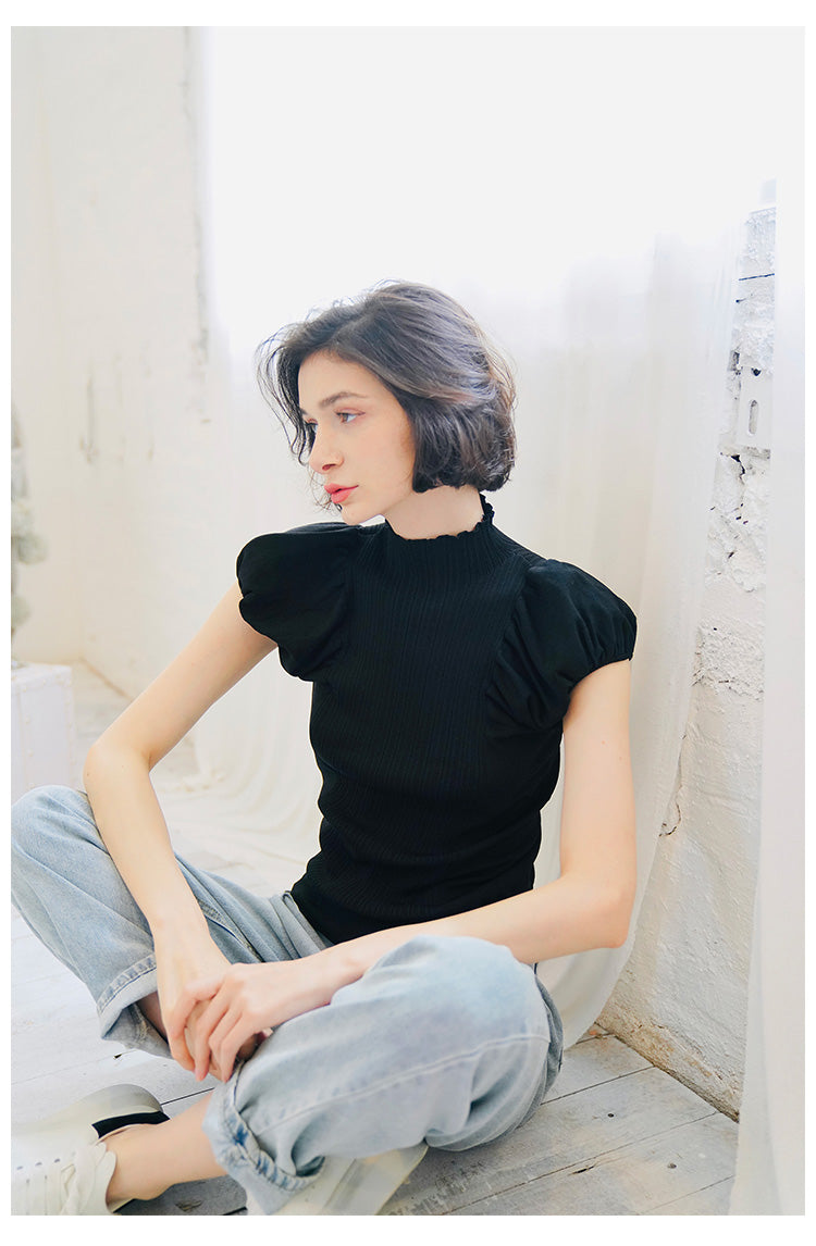 Half Turtleneck Knitted Autumn Top for Women Versatile Stylish Puff Sleeve Early Autumn Knitwear Short Sleeve Pullover Blouse