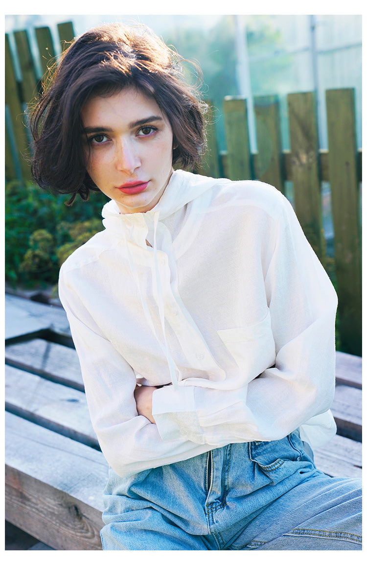 Tencel Linen Hooded Shirt for Women, Unique Design, White Loose-Fit Stylish Shirt for Women, New Autumn Long Sleeve