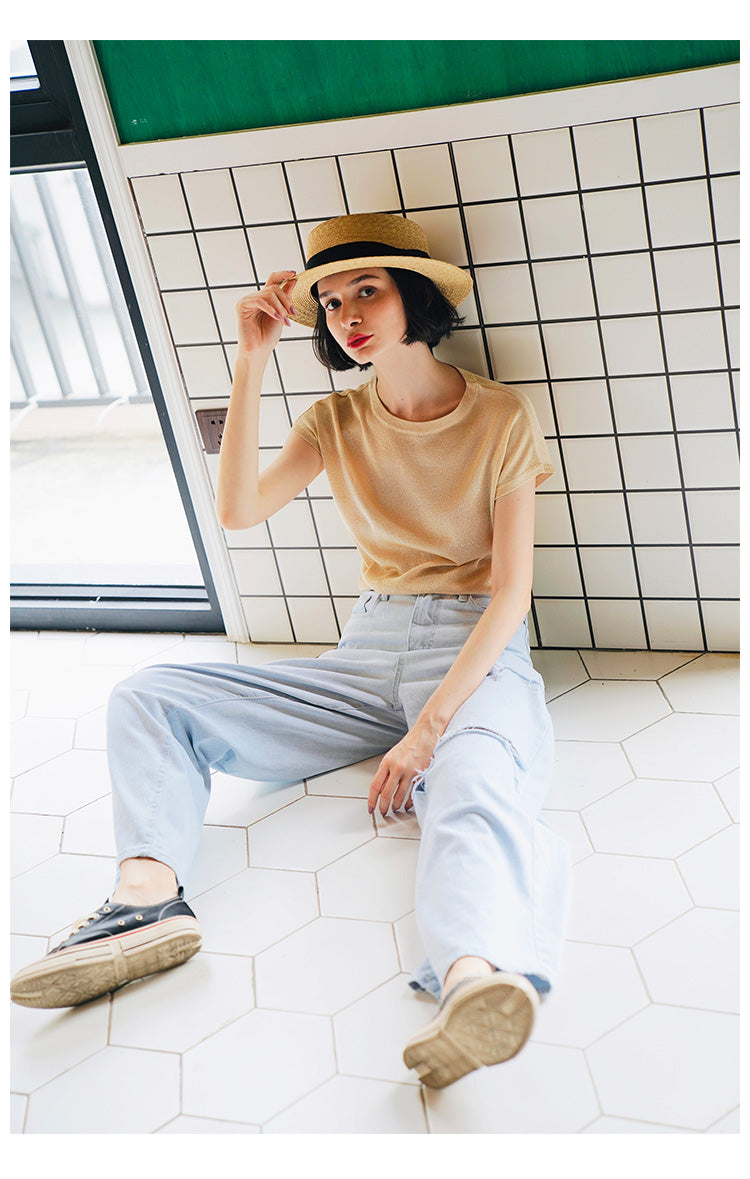Gold Thread Blend Draped Knit Short Sleeve Women's Elastic Waist Top Summer New Solid Color t Women's Thin T-Shirt