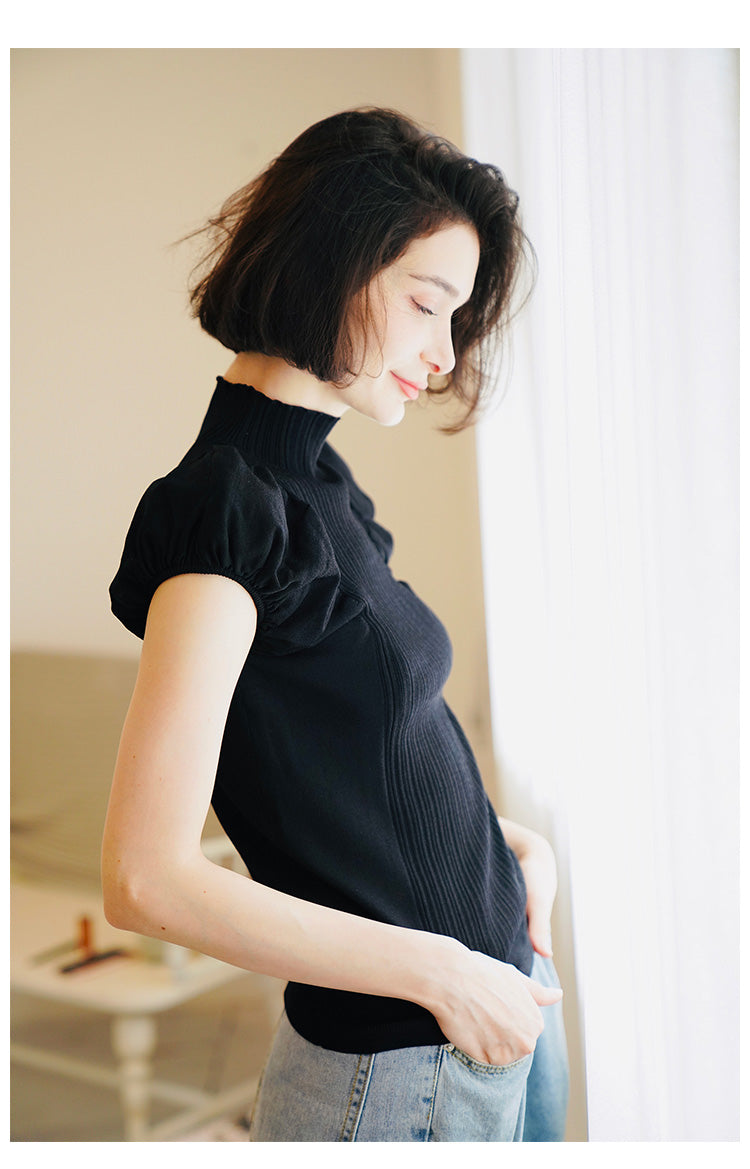 Half Turtleneck Knitted Autumn Top for Women Versatile Stylish Puff Sleeve Early Autumn Knitwear Short Sleeve Pullover Blouse