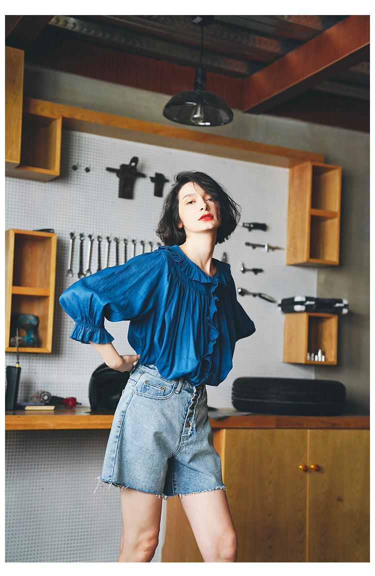 Ruffled Pleated Linen Top with Unique Design for Women, Doll Shirt, Sun Protection Shirt for Women Summer Style with a Western Touch