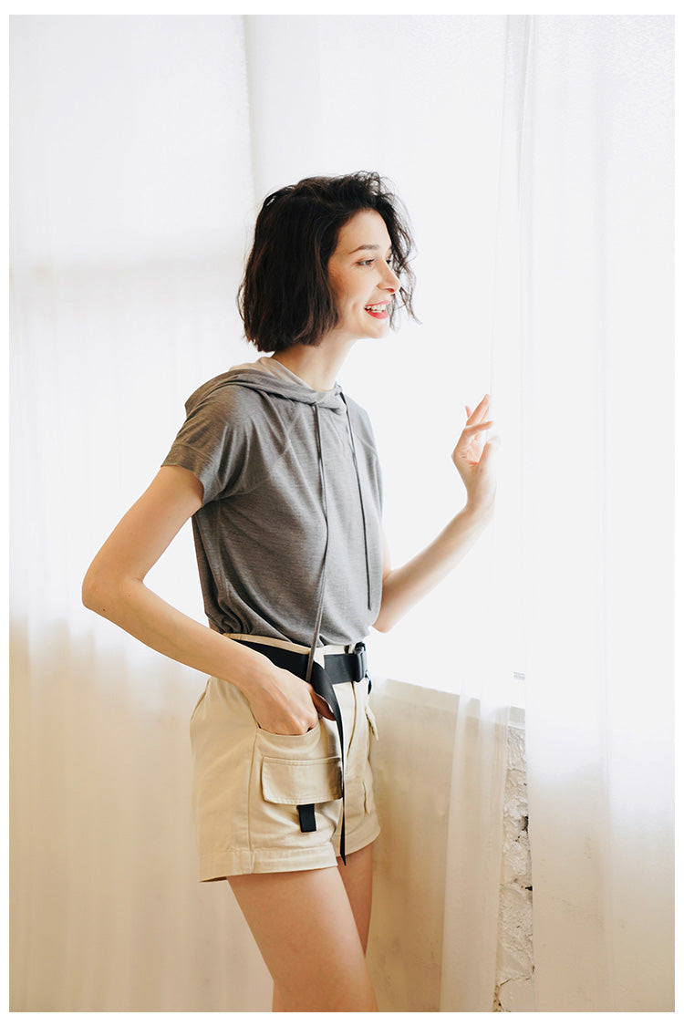 Vintage Style Short-sleeve for Women Skin-friendly trendy short-sleeve hooded shirt  Short Sleeve Women Style Trend  T-shirt