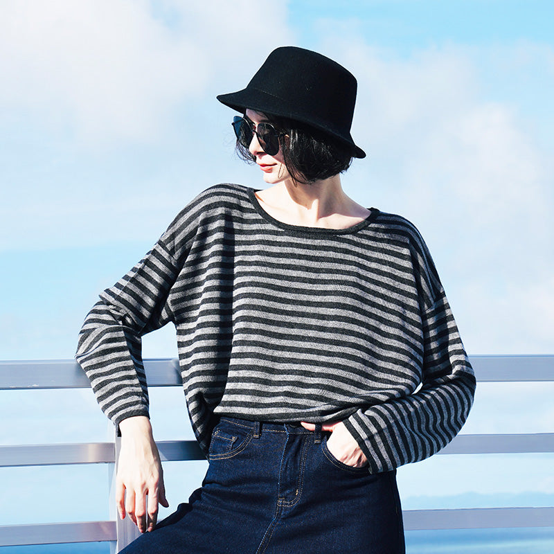 Casual Classic Striped Loose Knitted Top Women's Long Sleeve Knitted Shirt