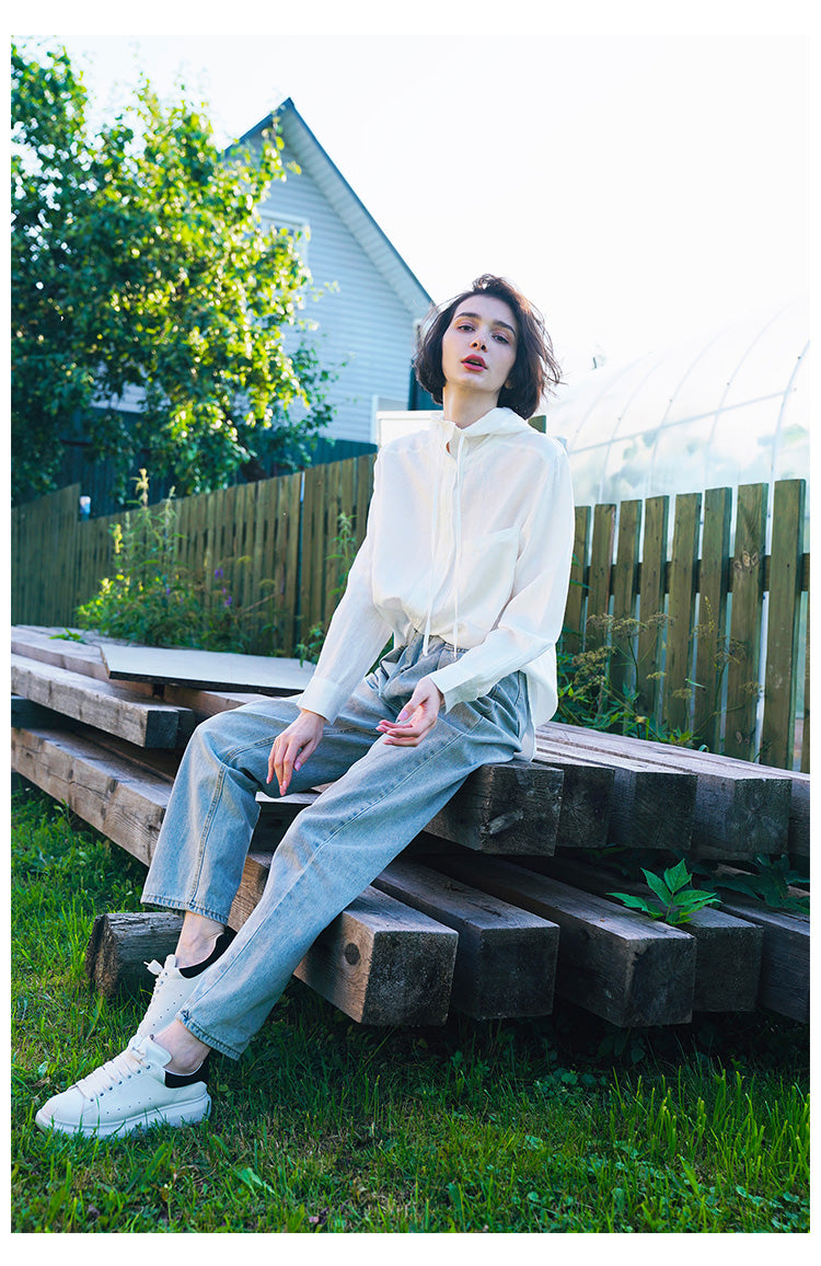 Tencel Linen Hooded Shirt for Women, Unique Design, White Loose-Fit Stylish Shirt for Women, New Autumn Long Sleeve