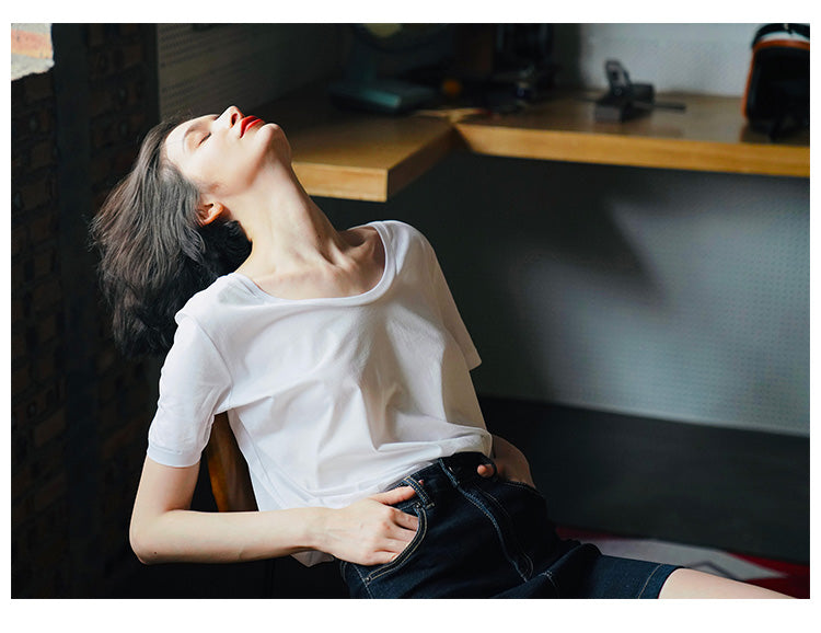 Silk cotton short sleeved women's summer loose and fashionable collarbone top T-shirt
