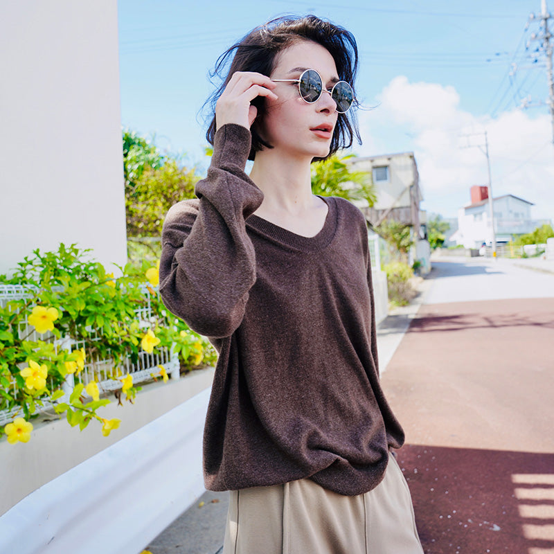 Thin loose cotton wool knitted pullover women's top V-neck undershirt women's knitted top long sleeved