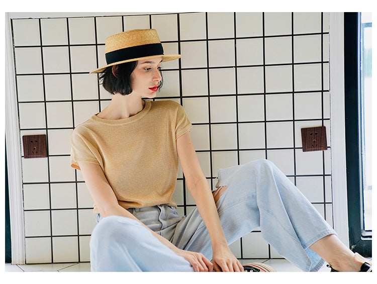 Gold Thread Blend Draped Knit Short Sleeve Women's Elastic Waist Top Summer New Solid Color t Women's Thin T-Shirt