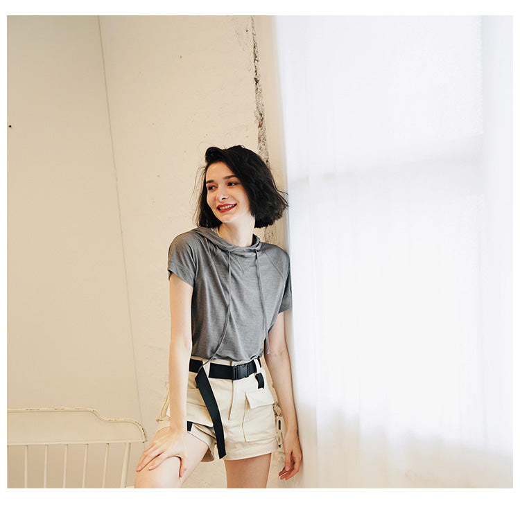 Vintage Style Short-sleeve for Women Skin-friendly trendy short-sleeve hooded shirt  Short Sleeve Women Style Trend  T-shirt