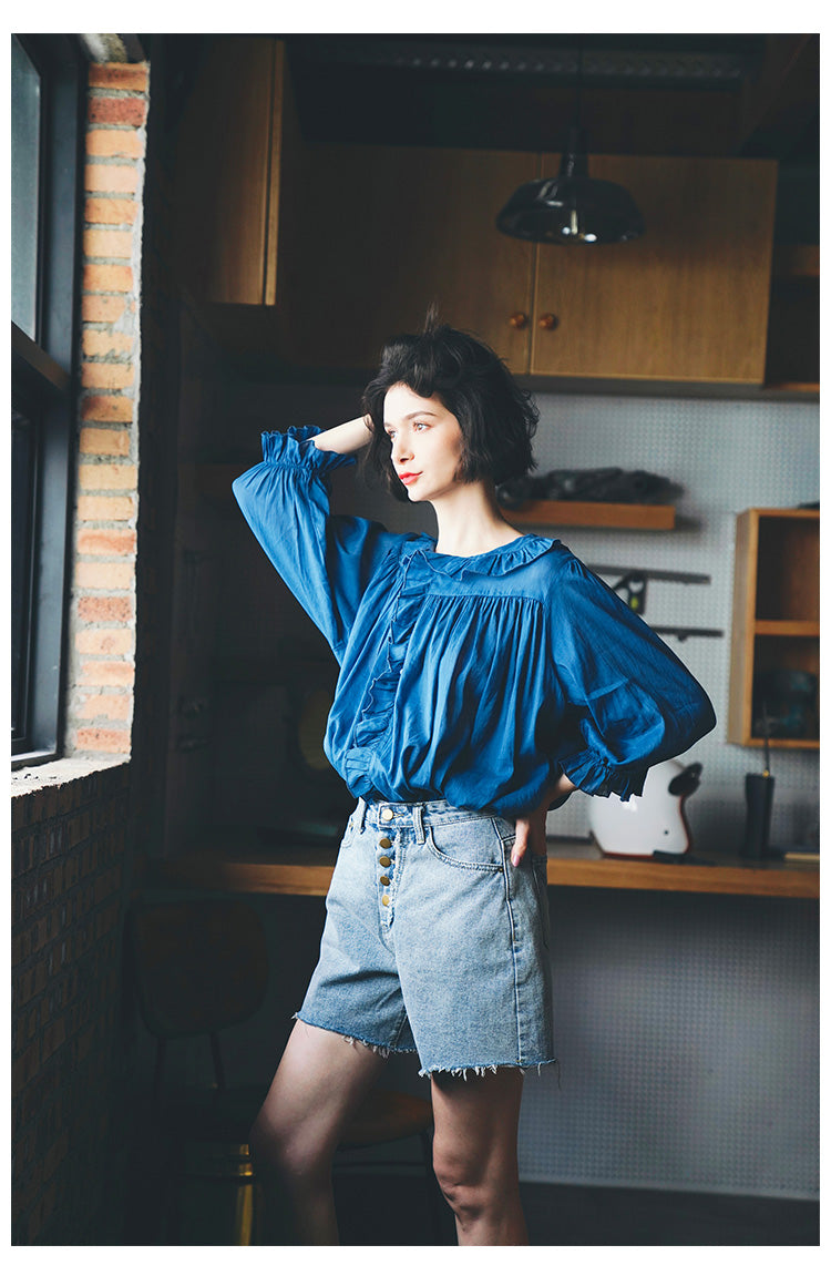 Ruffled Pleated Linen Top with Unique Design for Women, Doll Shirt, Sun Protection Shirt for Women Summer Style with a Western Touch