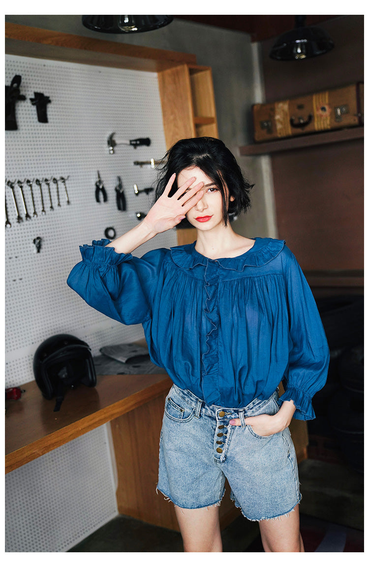 Ruffled Pleated Linen Top with Unique Design for Women, Doll Shirt, Sun Protection Shirt for Women Summer Style with a Western Touch