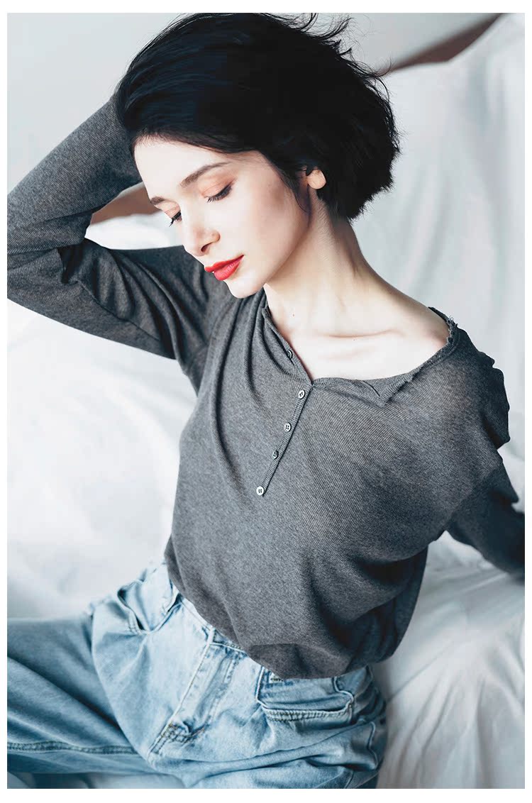 Temperament Knitted Women's Long Sleeve Summer Top Thin Black Grey Women's Loose Casual Sunscreen T-shirt