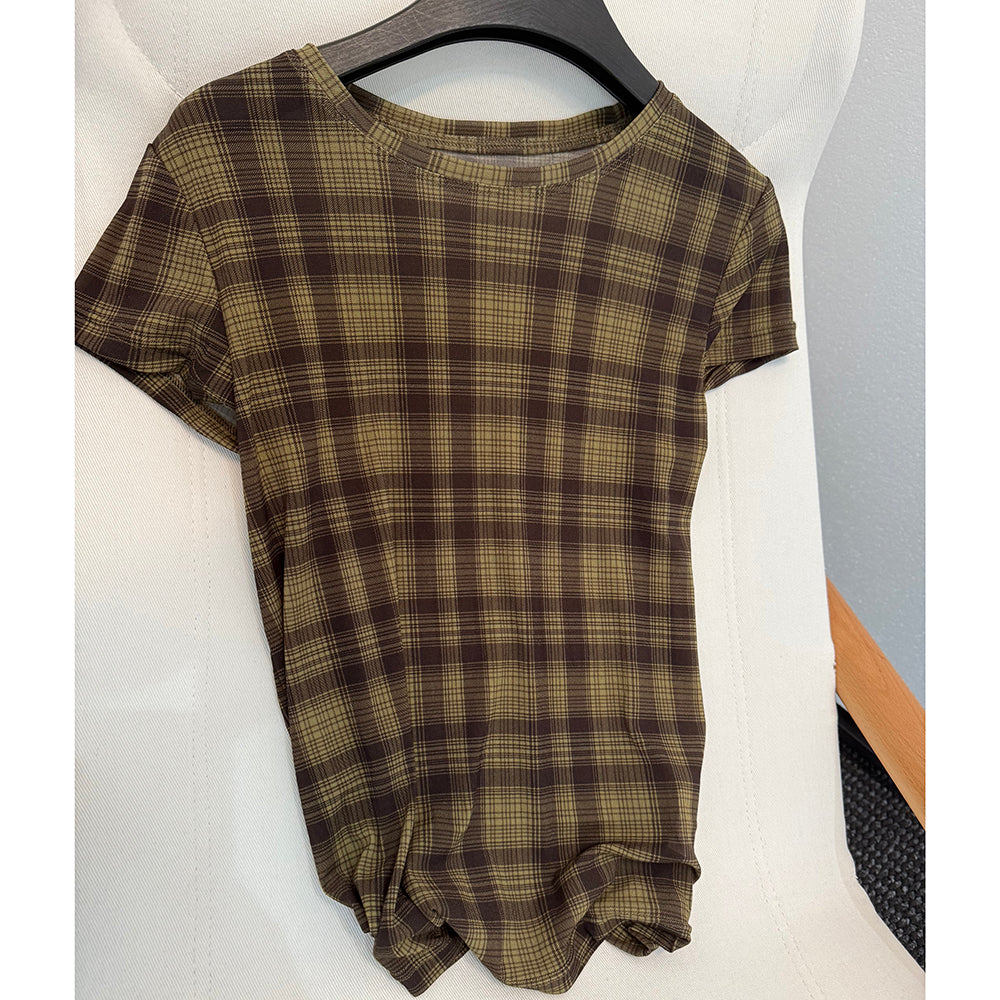 Vintage Green Plaid Crew Neck Side Ruched Slim Short Sleeve T-Shirt
